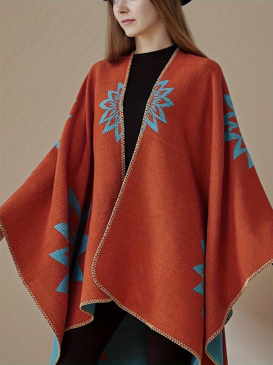 Vändbar poncho med blommönster, svart och grå