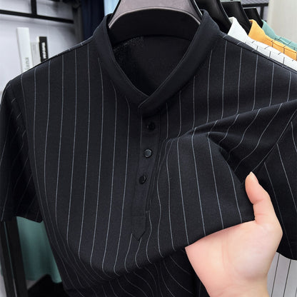 Herrskjorta med kort ärm och ståkrage – Stilren randig design för smart-casual och vardagsbruk