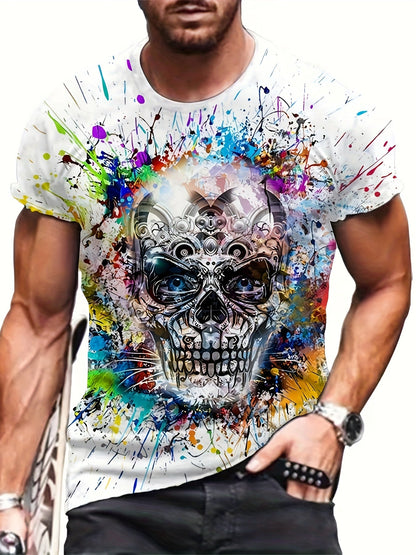 Herr T-shirt med färgstarkt dödskalletryck, streetwear-stil, kortärmad, plus size