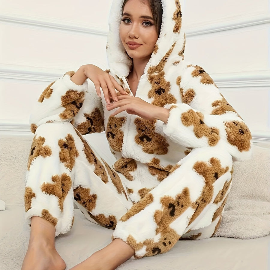 Rosa Fluffig Onesie med Björnmönster och Huva med Öron