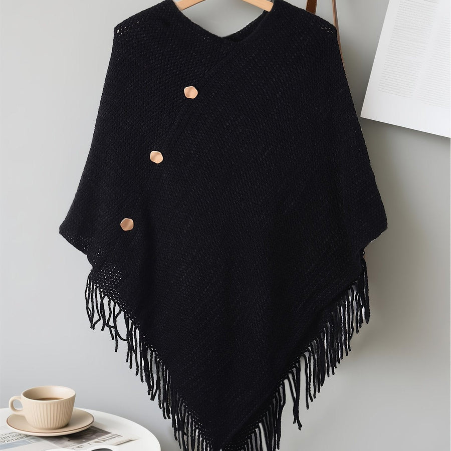 Stickad Poncho med Fransar och Knappar, V-ringning, Flera Färger