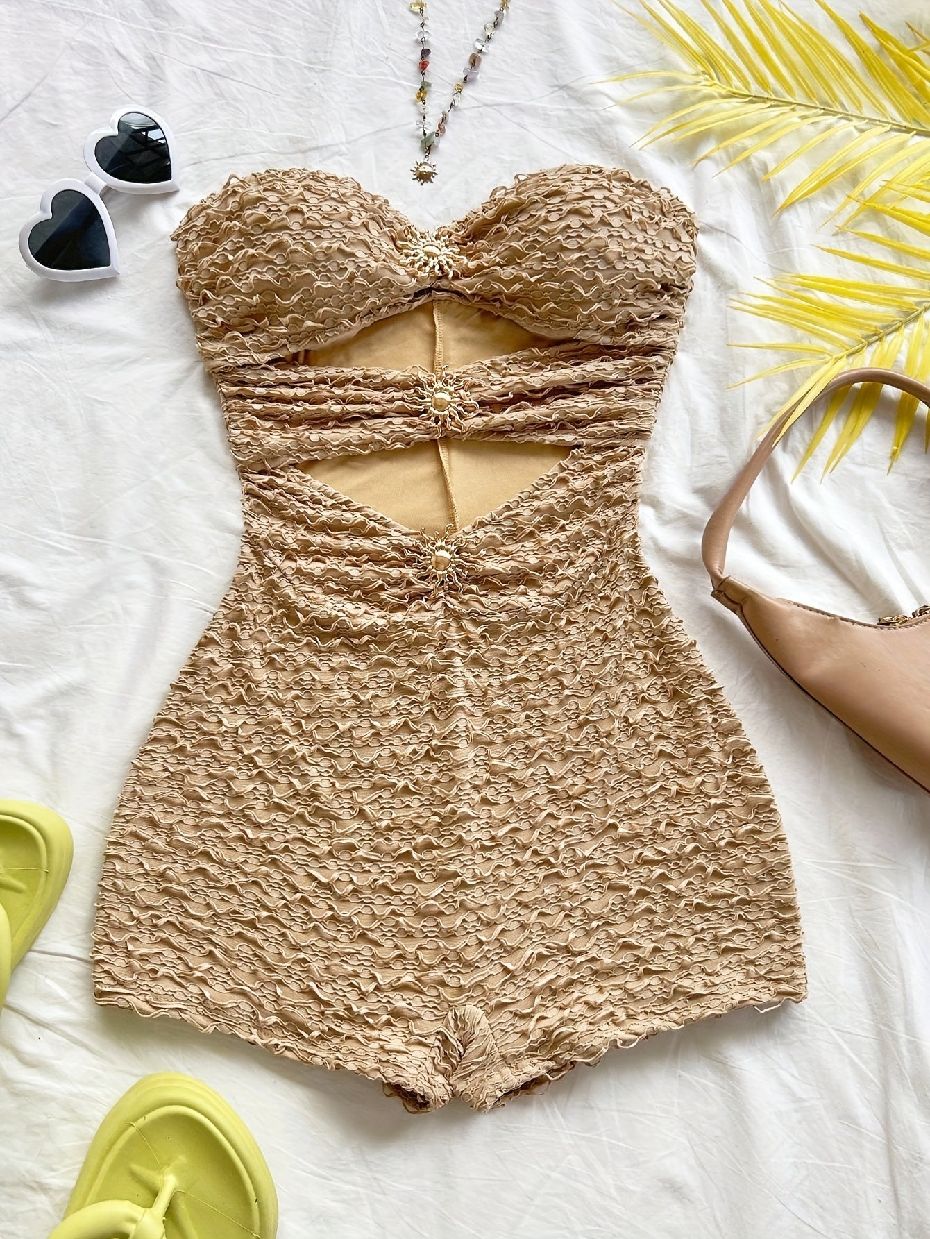 Dam Baddräkt Retro Bandeau Leopardmönstrad med Utskärningar och Dekorativa Spännen – Perfekt för Strand och Pool