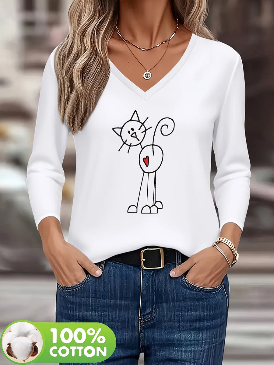 Dam T-shirt med lång ärm, V-ringning och kattryck