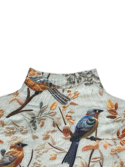 Damstickad tröja med fågelmotiv och hög krage – elegant vardagsmode