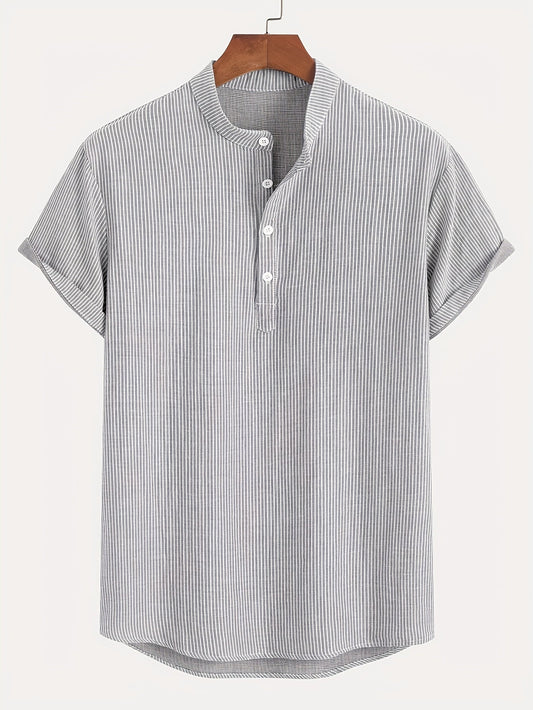 Herr Kortärmad Randig Henley Skjorta med Mandarin Krage – Modern Avslappnad Stil