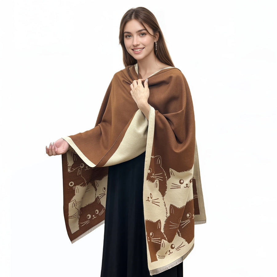 Poncho med kattmotiv och fransar, brun