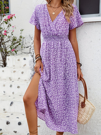 Damklänning Elegant V-ringad Blommig Sommarklänning med Kort Ärm och Slits