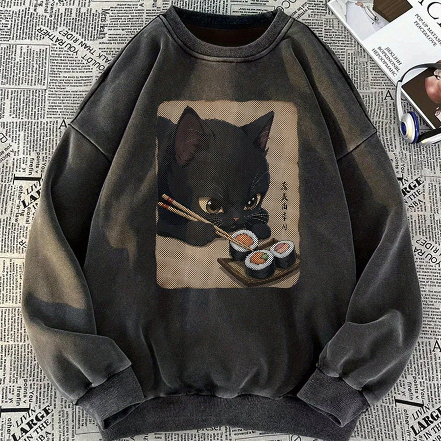 Unisex Tröja med Svart Kattmotiv som Äter Sushi, Långärmad Översize Sweatshirt