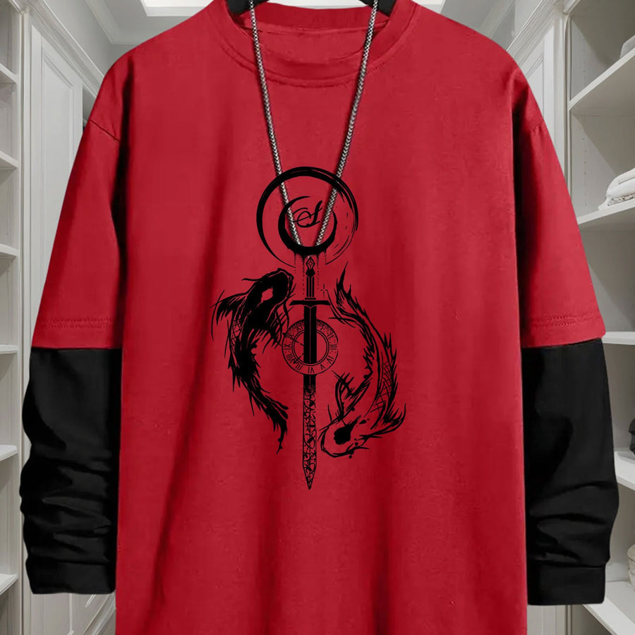 Långärmad t-shirt med lager-på-lager-look och svärd- & drakmotiv