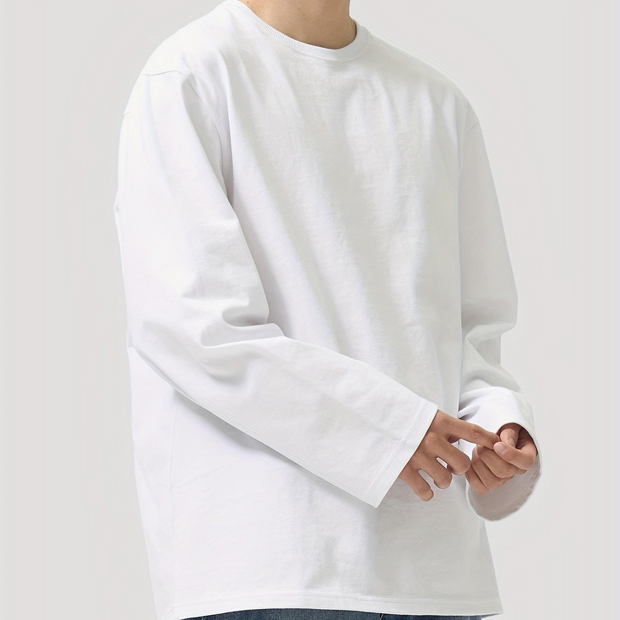 Unisex Långärmad T-shirt i Enfärgad Lös Passform med Rund Hals