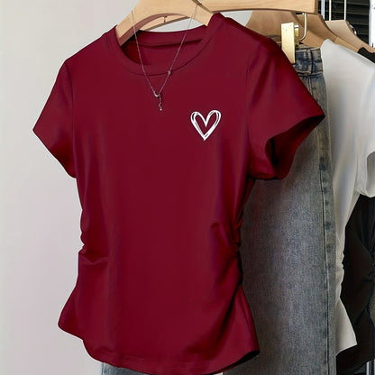 Dam T-shirt med hjärtmotiv och smickrande passform – Trendigt vardagsplagg