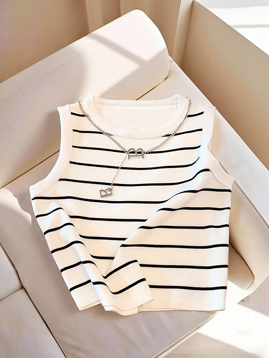 Dam Topp Randig Ärmlös Preppy Stil Elegant Vardagsplagg