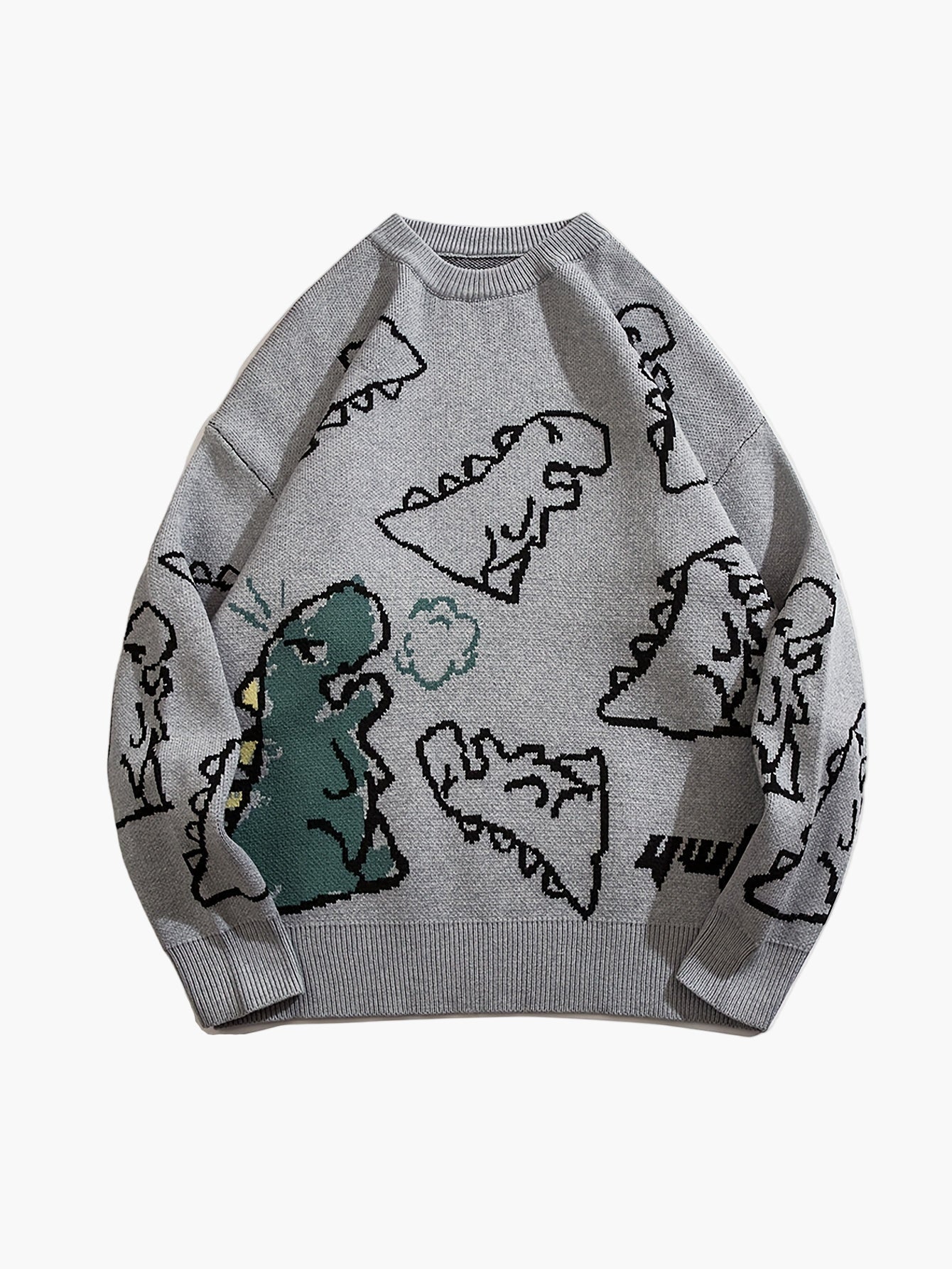Herrtröja med tecknad dinosauriedesign, avslappnad streetwear för höst och vinter