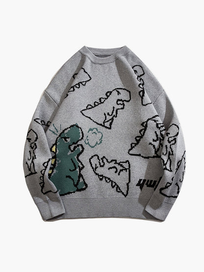 Herrtröja med tecknad dinosauriedesign, avslappnad streetwear för höst och vinter