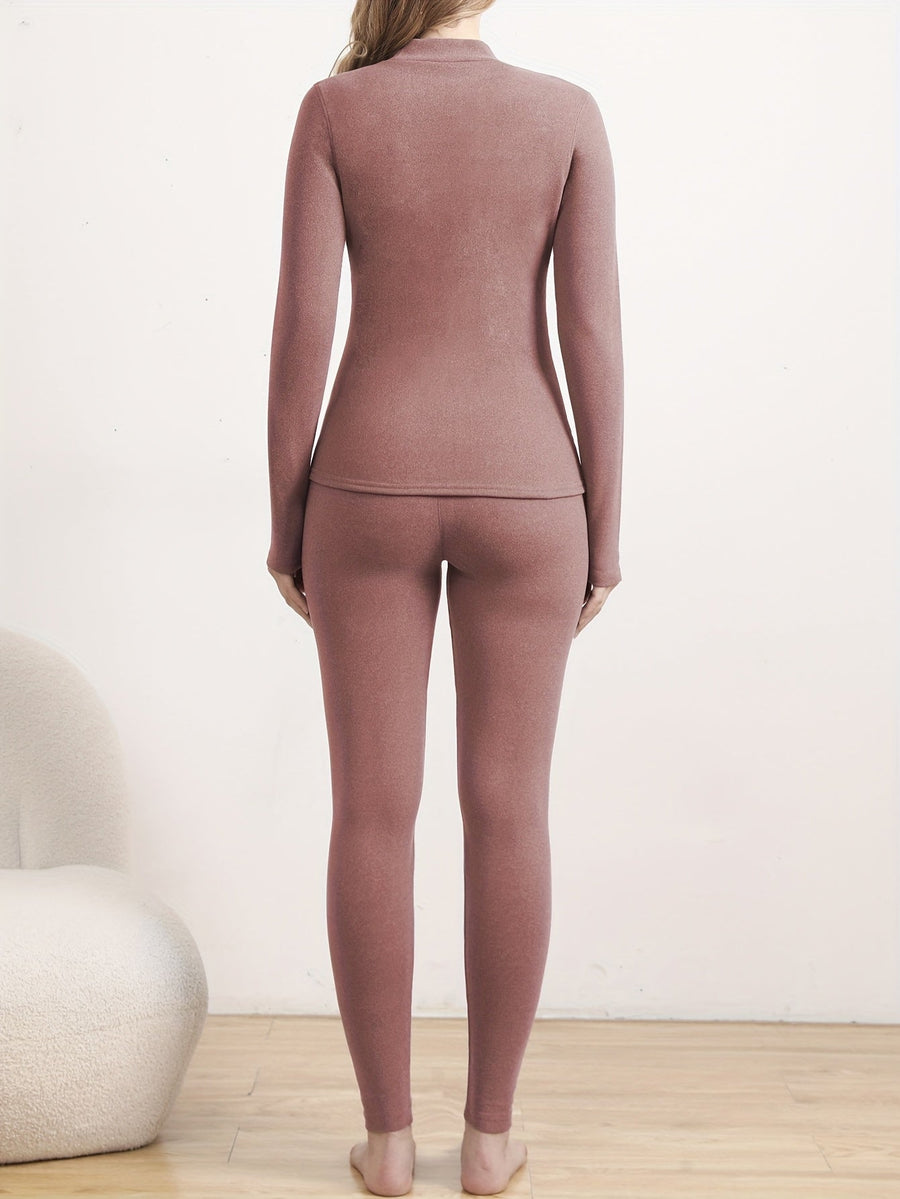 Dam termounderställ med fleecefoder, tvådelat set med hög hals och leggings