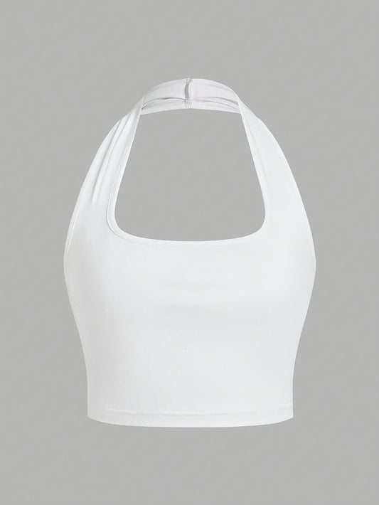Dam Halterneck Crop Top med Öppen Rygg - Trendig Sommartopp för Vardag och Fest