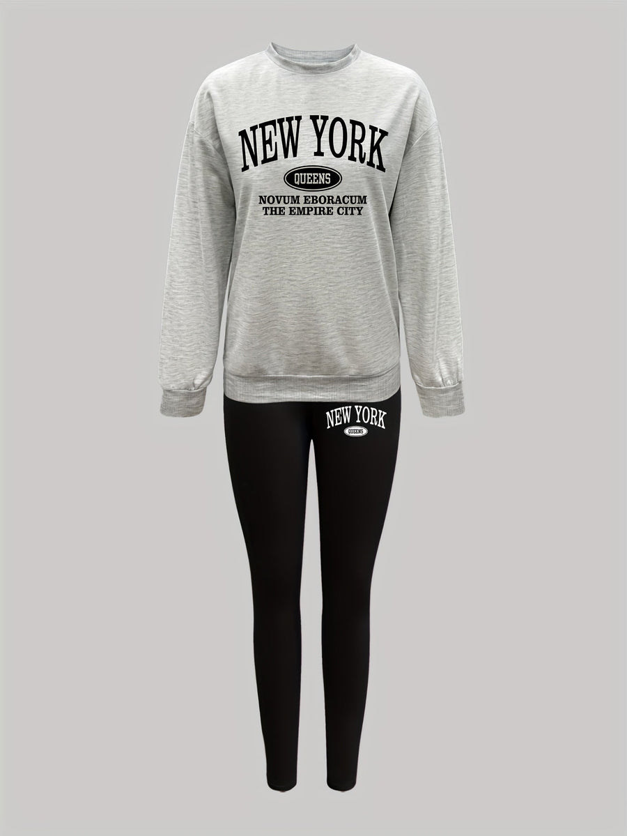 Dam Tröja & Leggings Set med New York-tryck, Rundhals, Långa Ärmar