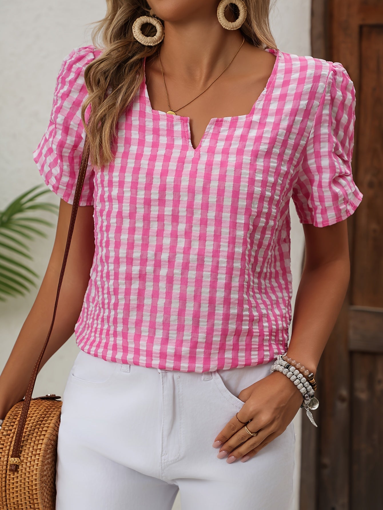 Dam Blus Elegant Rutig Vår/Sommar Top Kort Ärm Notch-Krage
