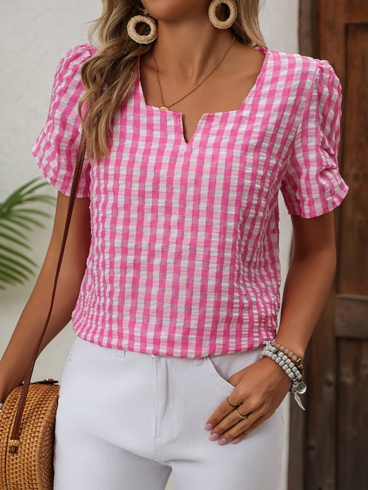 Dam Blus Elegant Rutig Vår/Sommar Top Kort Ärm Notch-Krage
