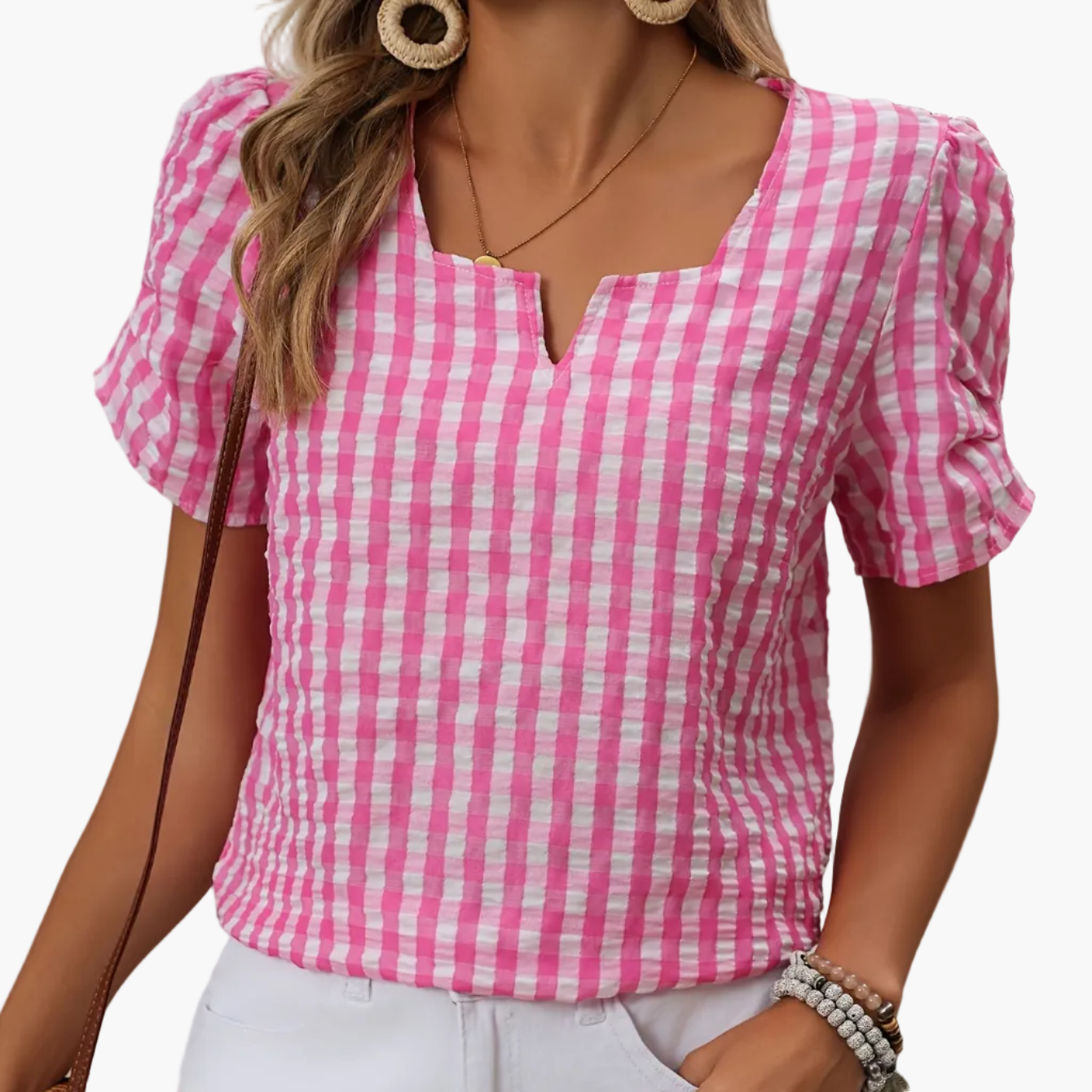 Dam Blus Elegant Rutig Vår/Sommar Top Kort Ärm Notch-Krage