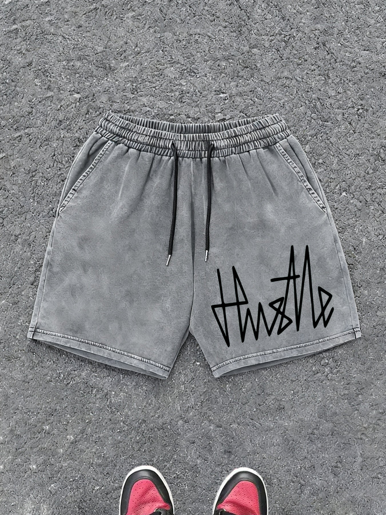 Herrshorts Streetwear med Hustle-tryck, avslappnad stil för vardagsbruk