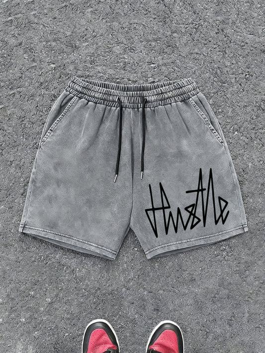 Herrshorts Streetwear med Hustle-tryck, avslappnad stil för vardagsbruk