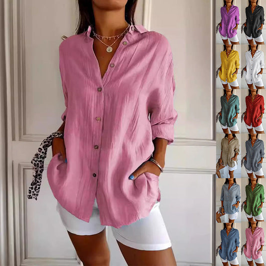 Joy – Långärmad Blus med Enkelknäppning och Plissering