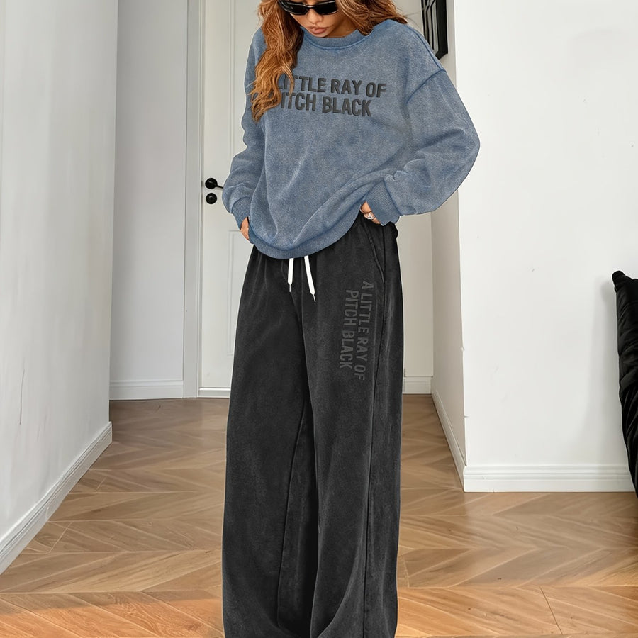 Färgad Oversized Tröja & Vida Byxor Set med Tryck
