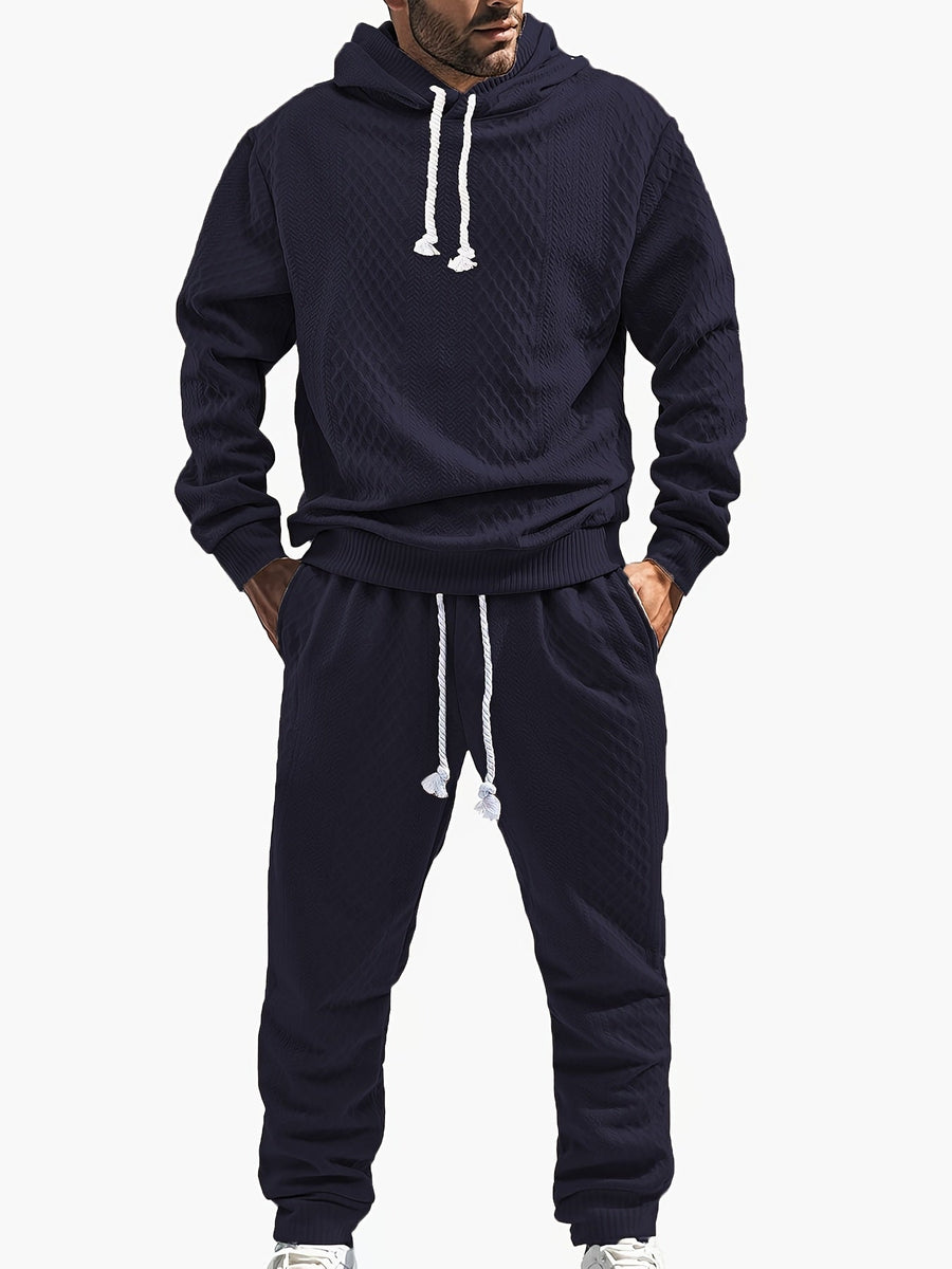 Rutigt Herr Set med Hoodie och Mjukisbyxor i Strukturerat Material