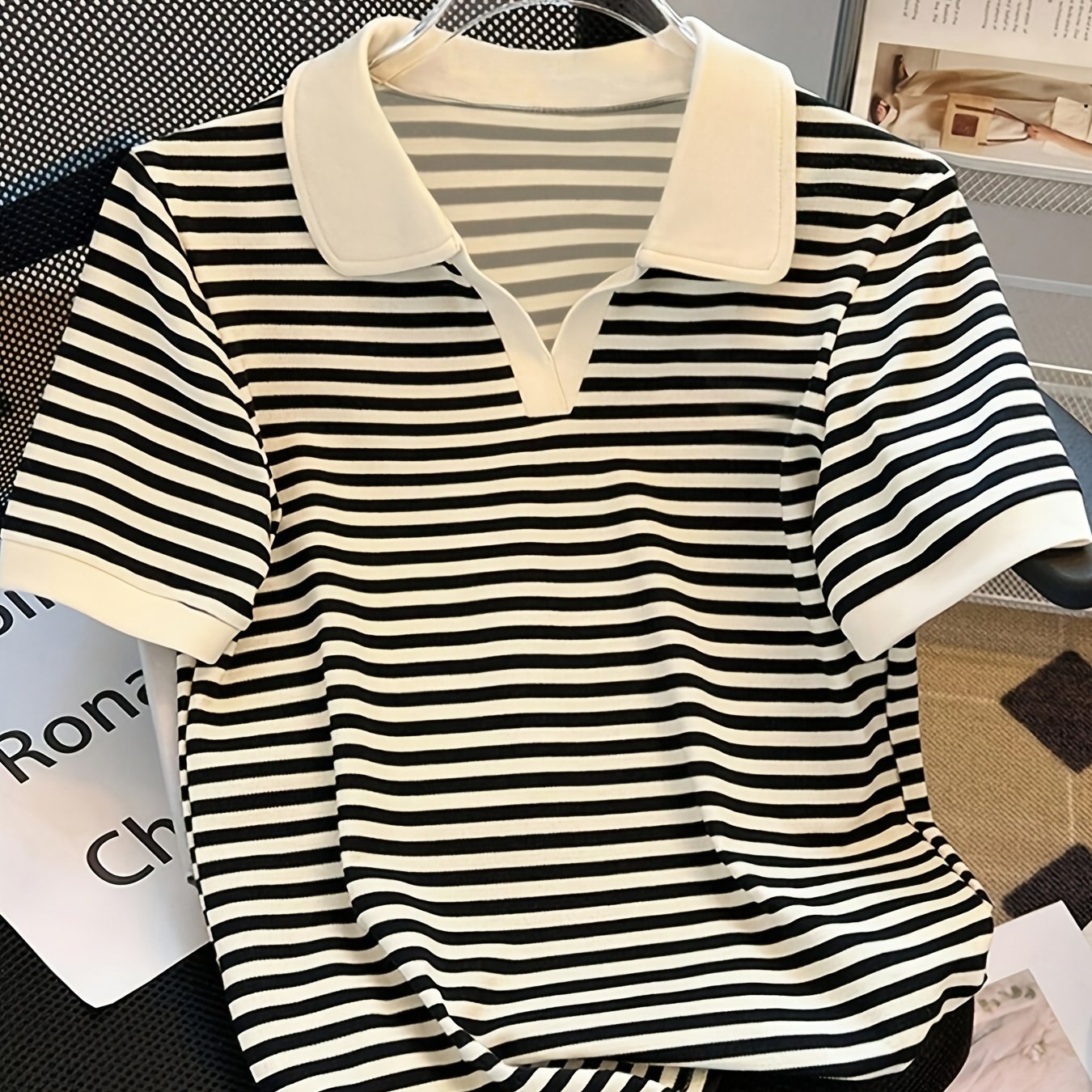 Damers Preppy Randig Pikétröja med Krage – Kortärmad, Vardagsstil, Smart Casual