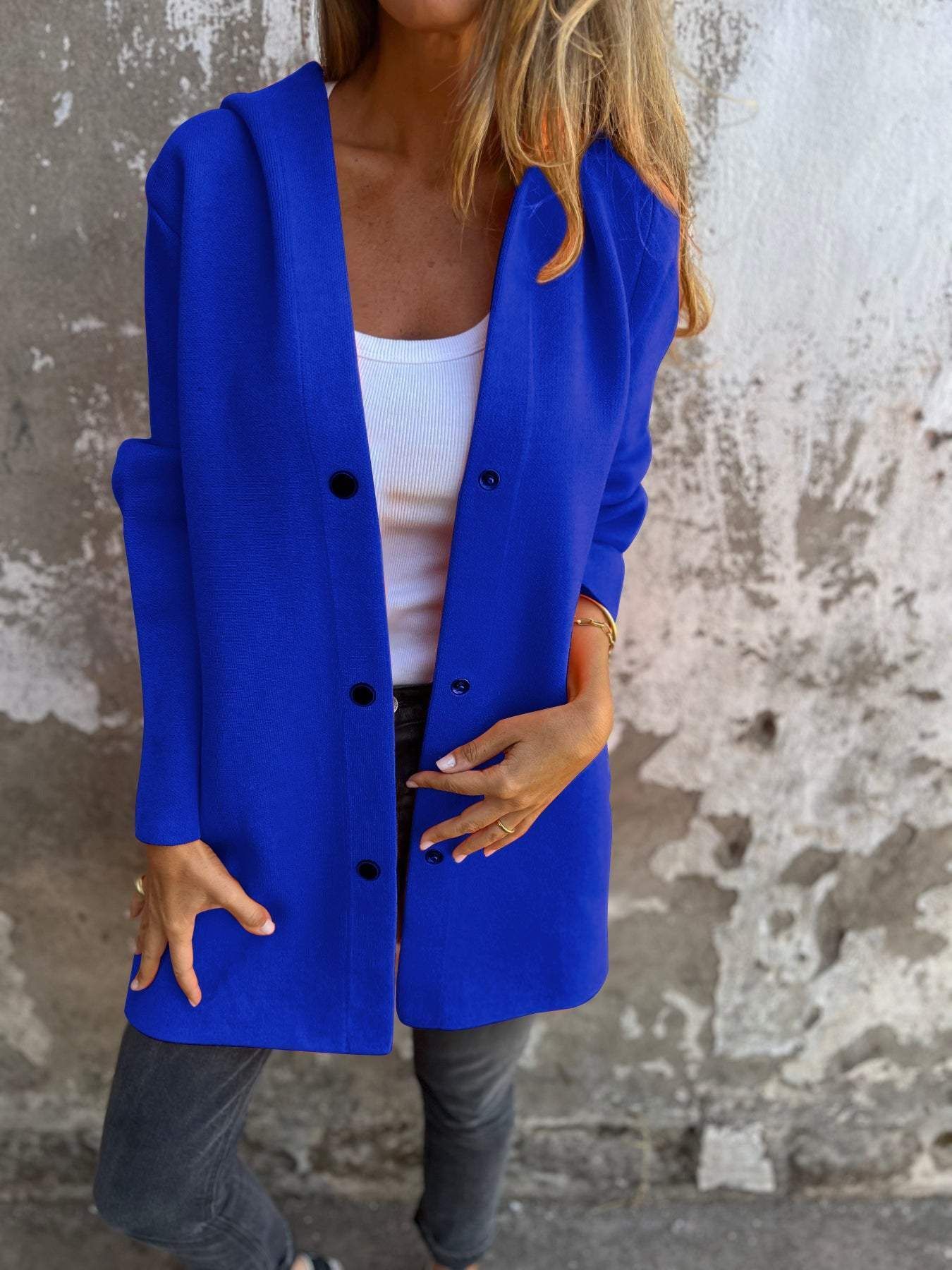 Linda – Lättvikts Huva Enkelt Knäppt Cardigan Fashion Lös Enfärgad Jacka Vår och Höst Damkläder