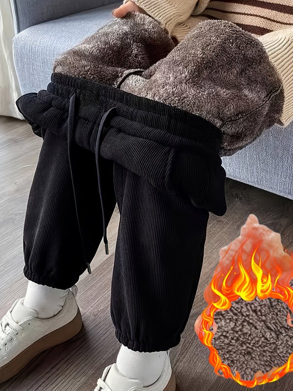Svarta manchesterbyxor med foder, unisex, med muddar och dragsko