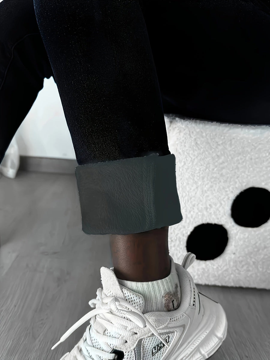 Svarta jeansleggings med foder, stretchiga termobyxor med hög midja
