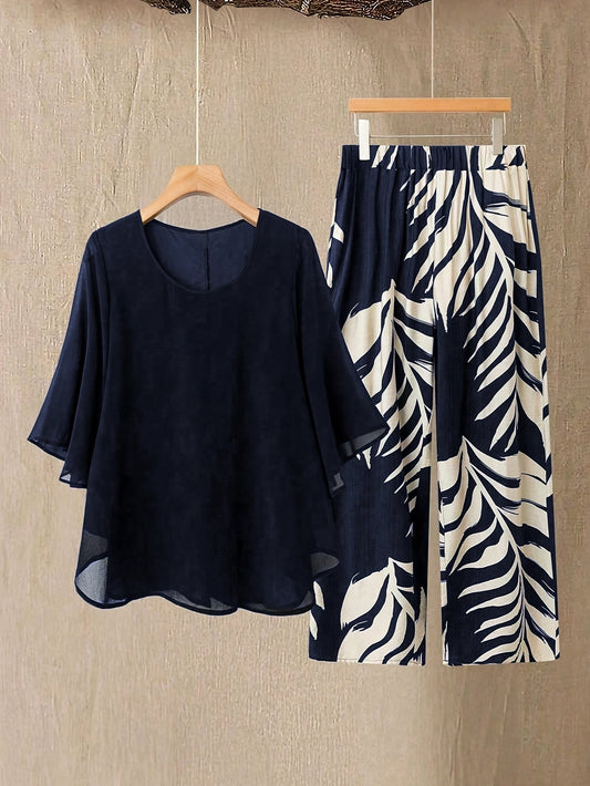 Damset Blus och Vida Byxor – Semester Chic Tvådelad Outfit för Sommar och Resor