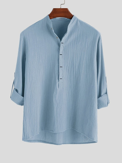 Herr Skjorta Henley Långärmad Avslappnad Modern Stil