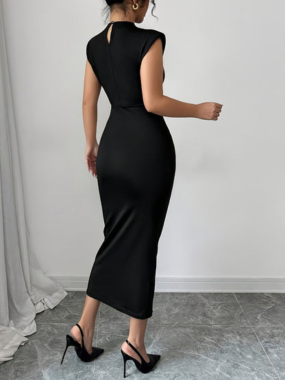 Dam Elegant Bodycon Klänning med Hög Hals och Dekorativ Detalj – Perfekt för Fest och Kväll