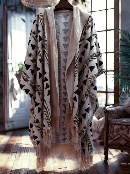 Herr Poncho Strand Kaftan med Geometriskt Mönster och Huvud – Bohemisk Festivalstil