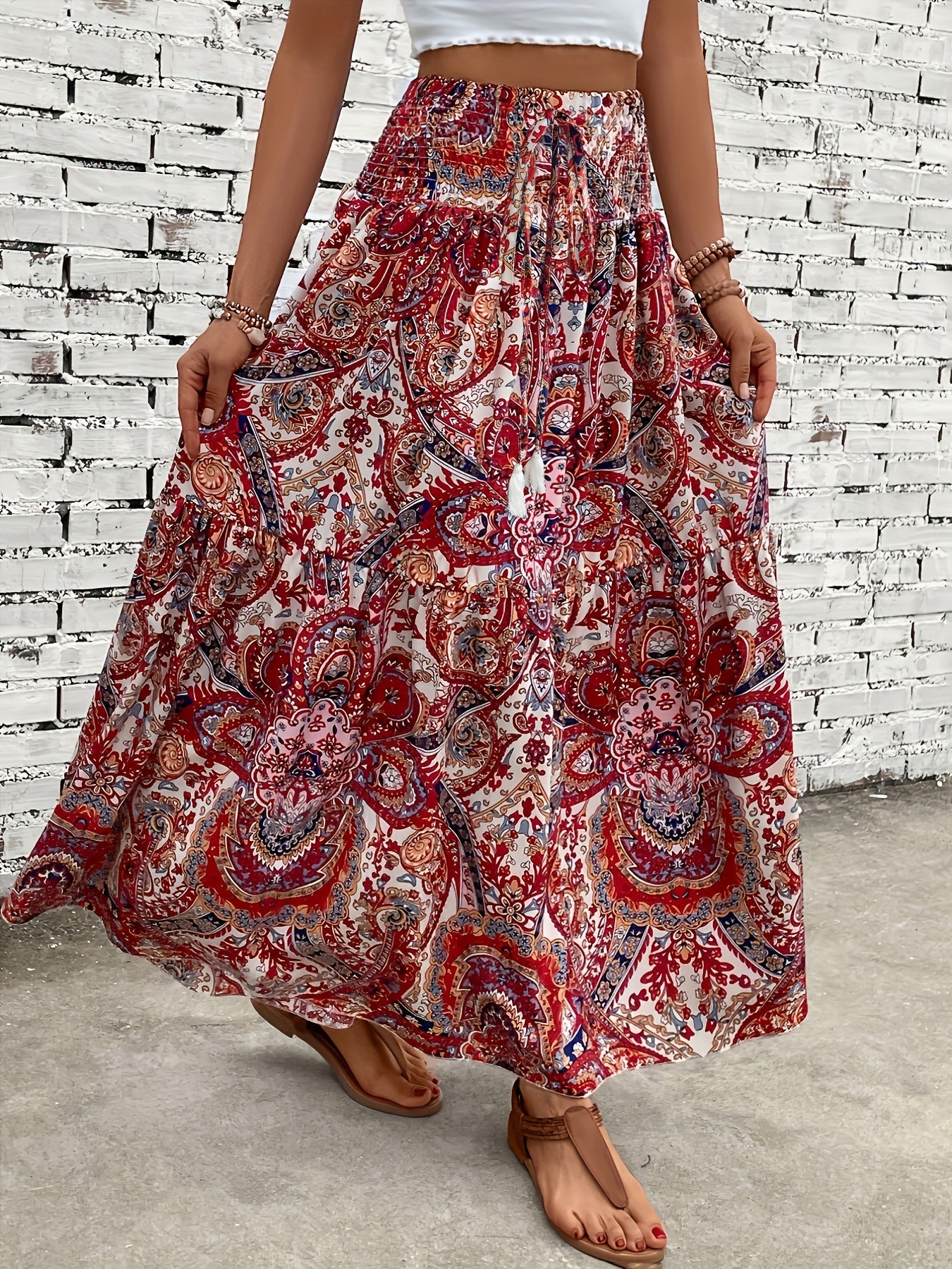 Dam Kjol Boho Lång Blommig Elegant Sommarmode Fickor