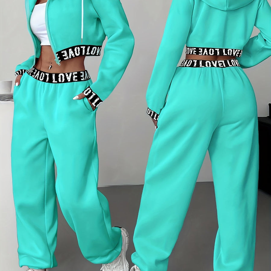 Dam Träningsset Crop Hoodie och Joggingbyxor med Hög Midja, Bokstavsmönster