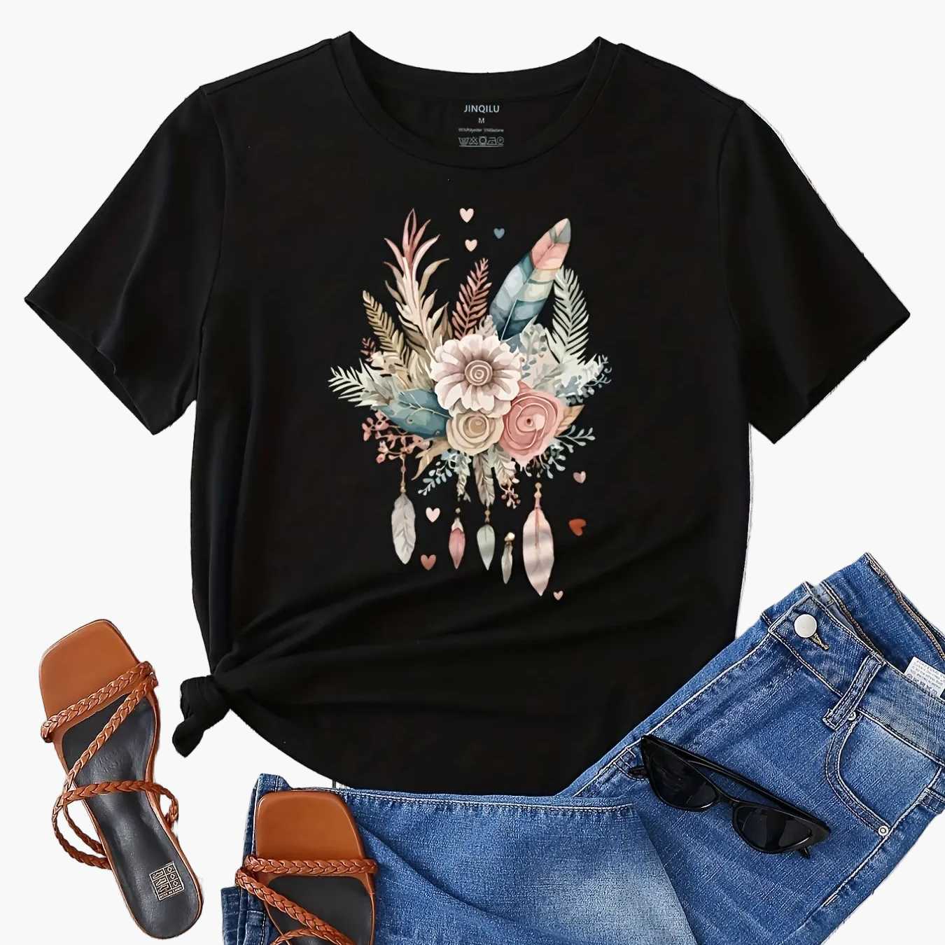 Dam T-shirt med blommigt och fjädertryck, avslappnad stil, perfekt för vardagsbruk