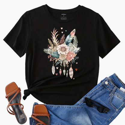 Dam T-shirt med blommigt och fjädertryck, avslappnad stil, perfekt för vardagsbruk