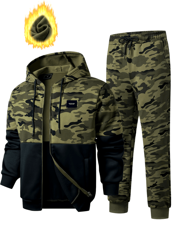 Kamouflagemönstrad Hoodie med Dragkedja och Byxor – Tvådelat Herrset i Grönskala