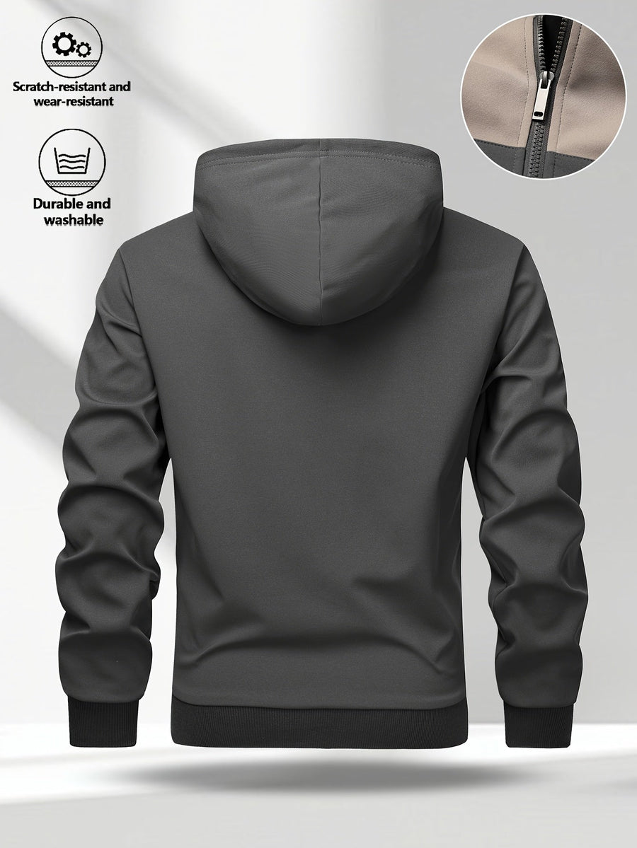 Hoodie med dragkedja, tvåfärgad blockdesign och luva