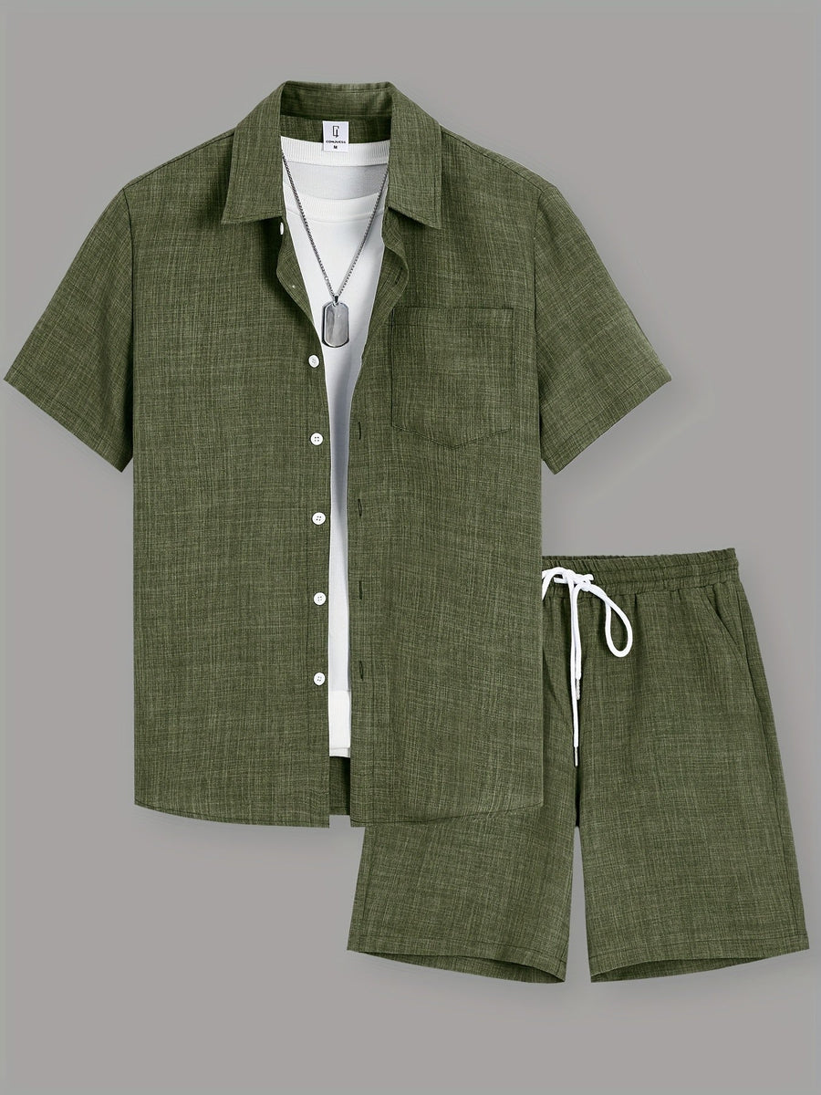 Herr Kortärmad Skjorta och Shorts Set – Avslappnad Sommarlook för Fritid och Semester
