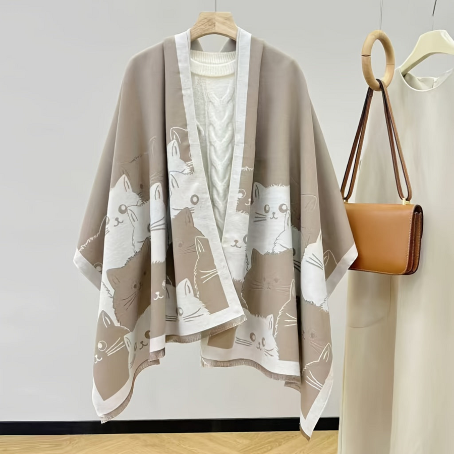 Poncho med kattmotiv och fransar, brun