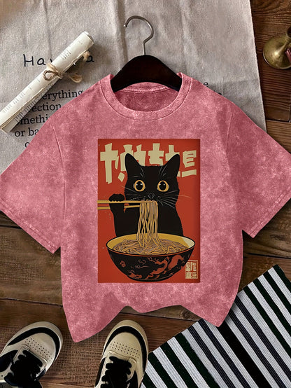 Unisex T-shirt med Vintage Katt och Ramen, Japansk Stil, Casual Mode
