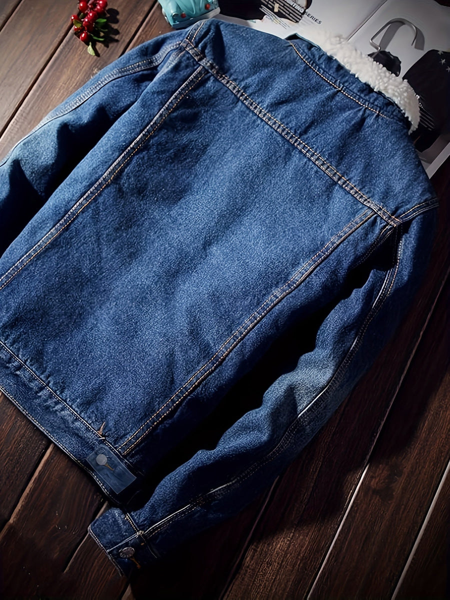 Jeansjacka med foder i teddytyg, ljusblå denim vinterjacka för män