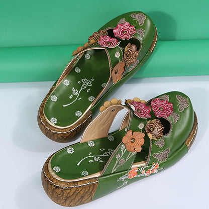 Damskor kilklack slip-in bohemisk vardagsstil med blommor och fjärilar