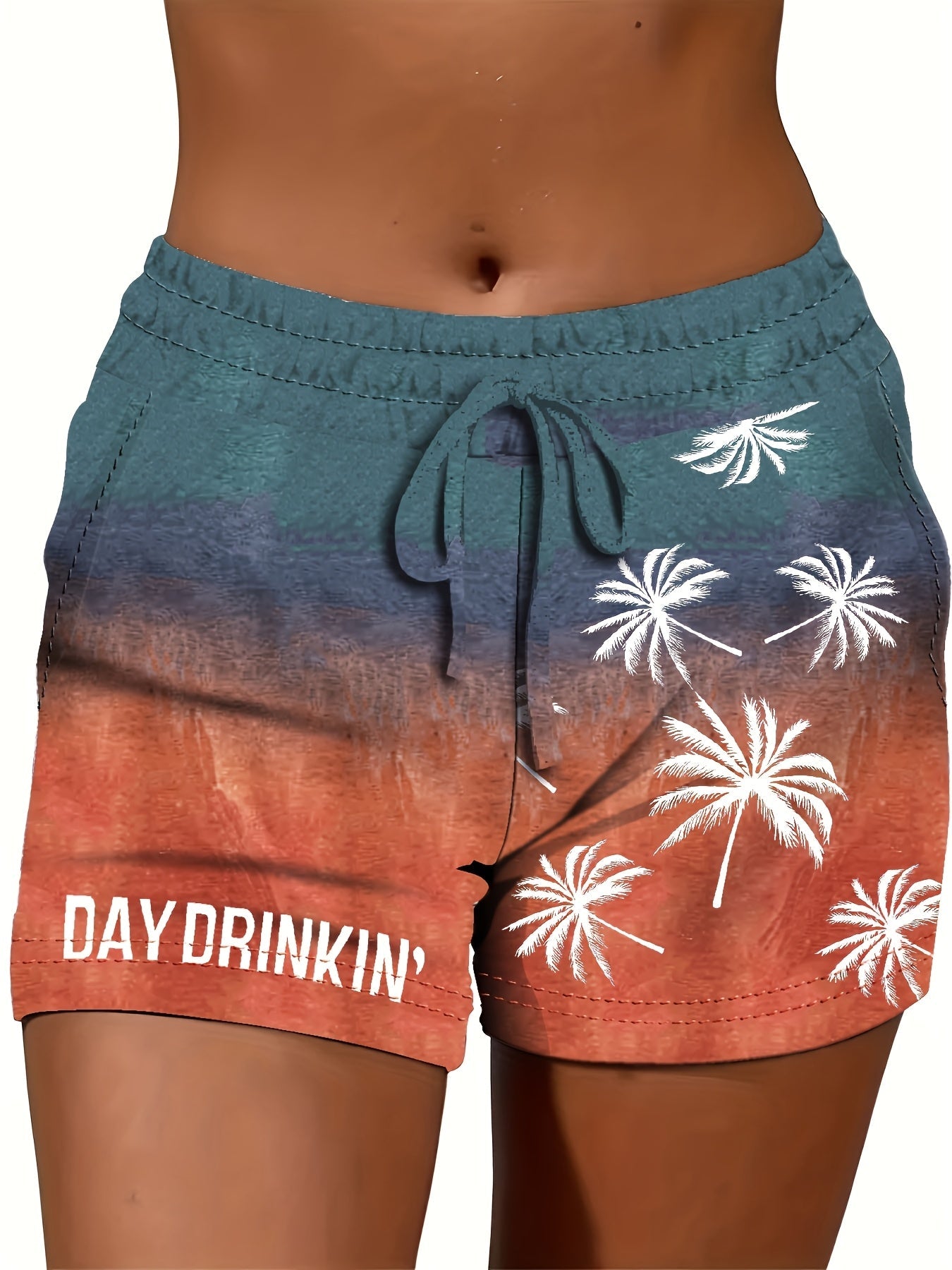 Women's semester lounge shorts med palmtryck och text DAY DRINKIN' - perfekta för sommar och fritid