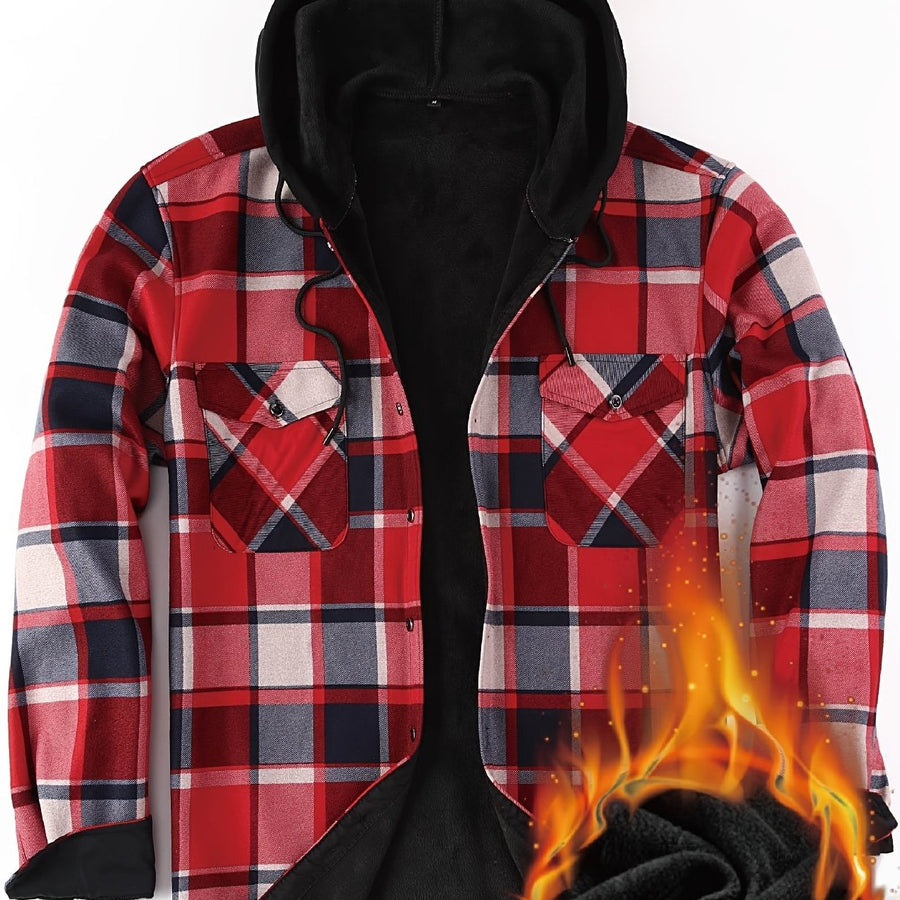 Men���s Plaid Hooded Thermal Flannel Shirt Jacket
